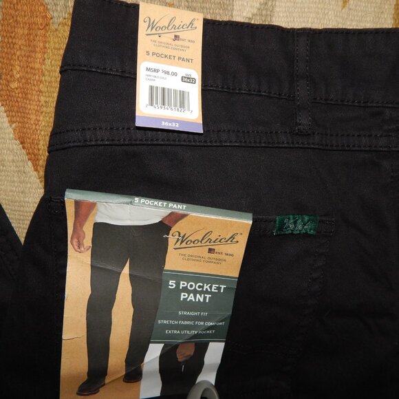 NWT Woolrich 36 x 32 Black Straight Fit 5 Pocket Pants - Picture 2 of 8